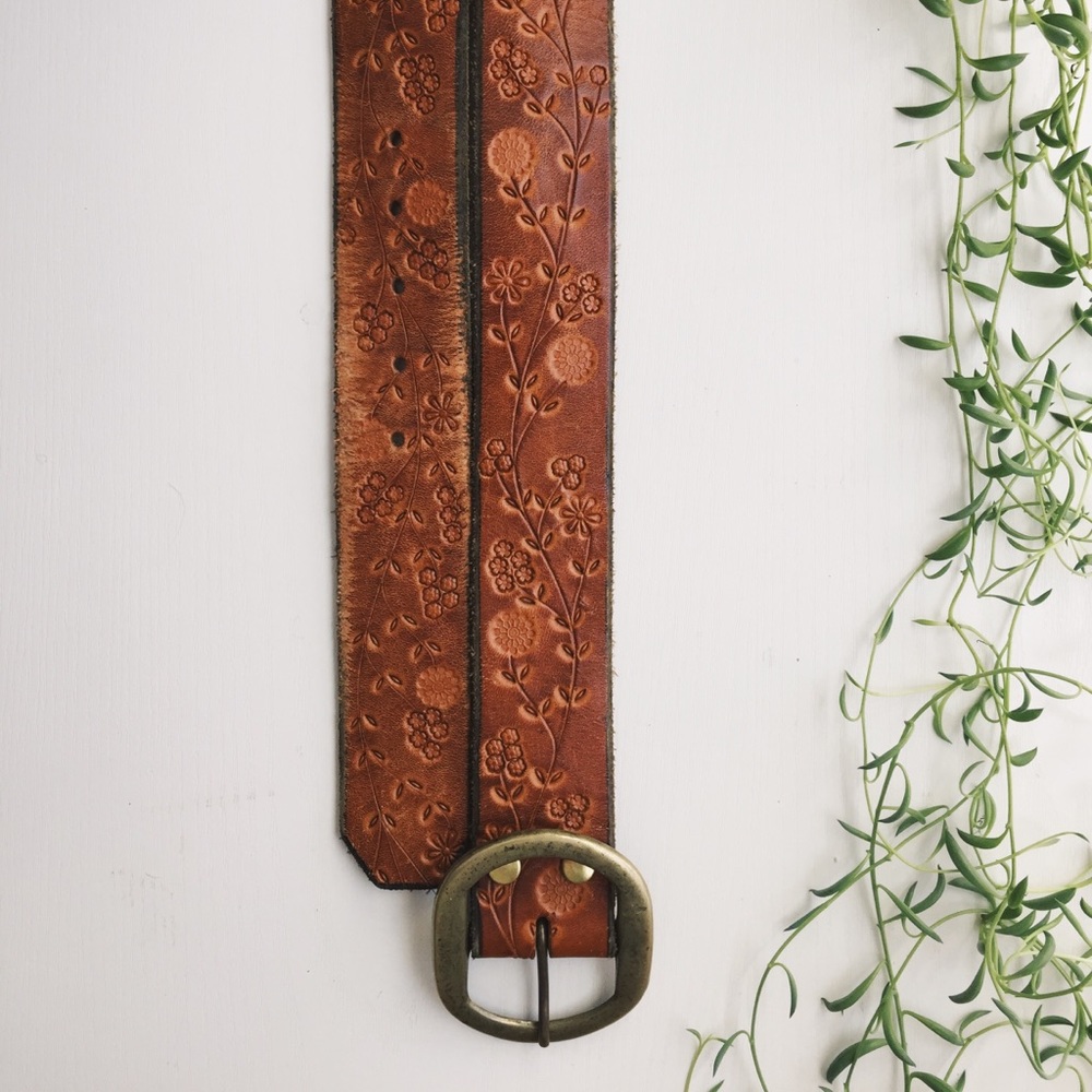 Genuine Leather Floral Print Wide Belt